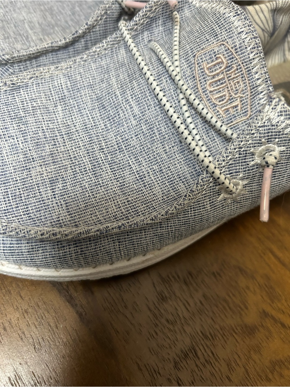 Hey Dude Slip-Ons Blue and White with Pink accents. Youth Size 4 - Picture 5 of 7